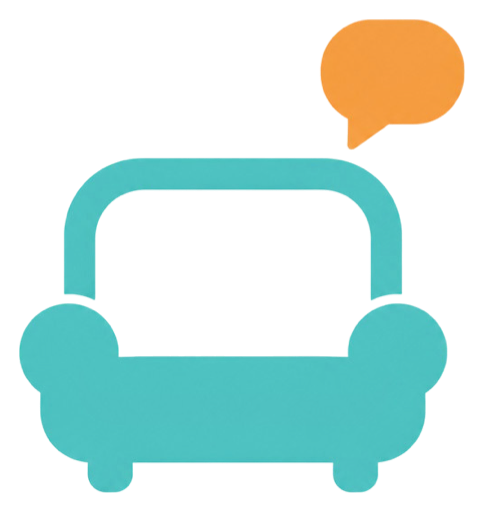 Le logo de Pantouflard : un divan turquoise et une bulle orange
