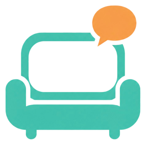 Le logo de Pantouflard : un divan turquoise et une bulle orange